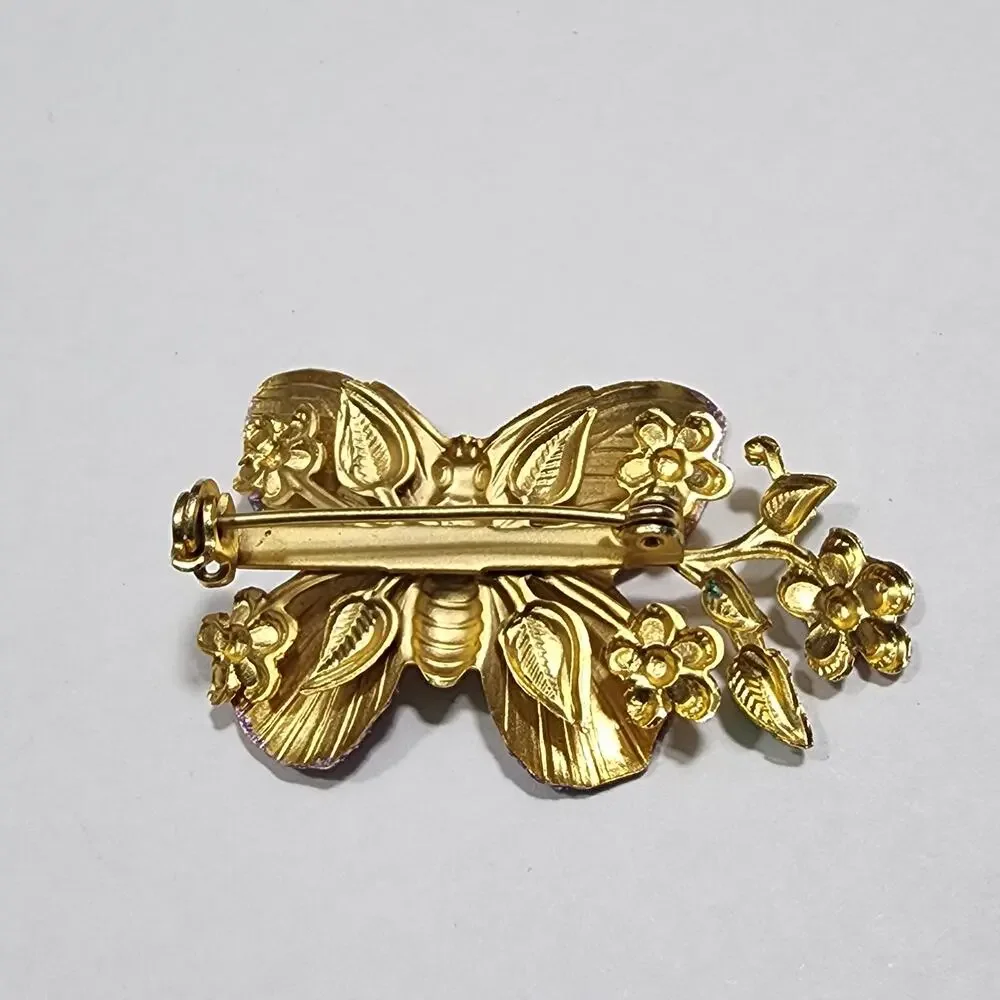 Butterfly Rose Branch Brooch Pin Purple Green Glitter Enamel Gold Tone Vintage
